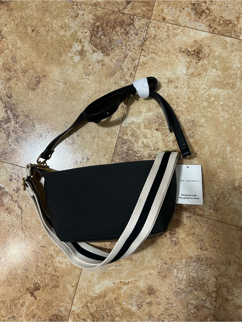 Black Crossbody Bag with Contrast Striped Canvas Strap